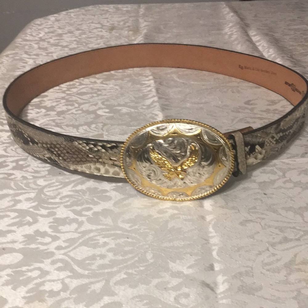 Western Genuine Snakeskin Belt with Gold-Silver Oval Buckle